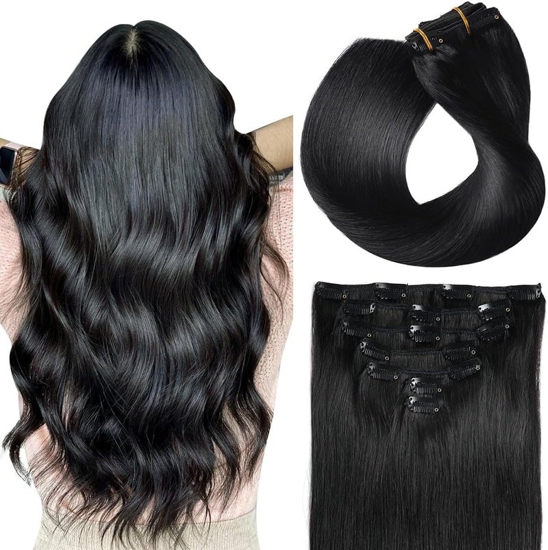 SUYYA Clip in Hair Extensions Real Human Hair Silky Straight Remy Hair Extensions Clip in 7 PCS Double Weft Seamless Clip in Hair Extension 14 Inches 1 Jet Black 70G