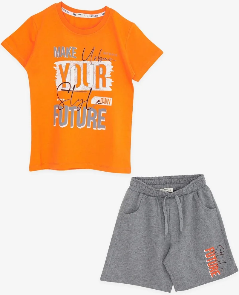 Breeze Boy Shorts Set with Text Printed Pockets, Age 8-14, Orange