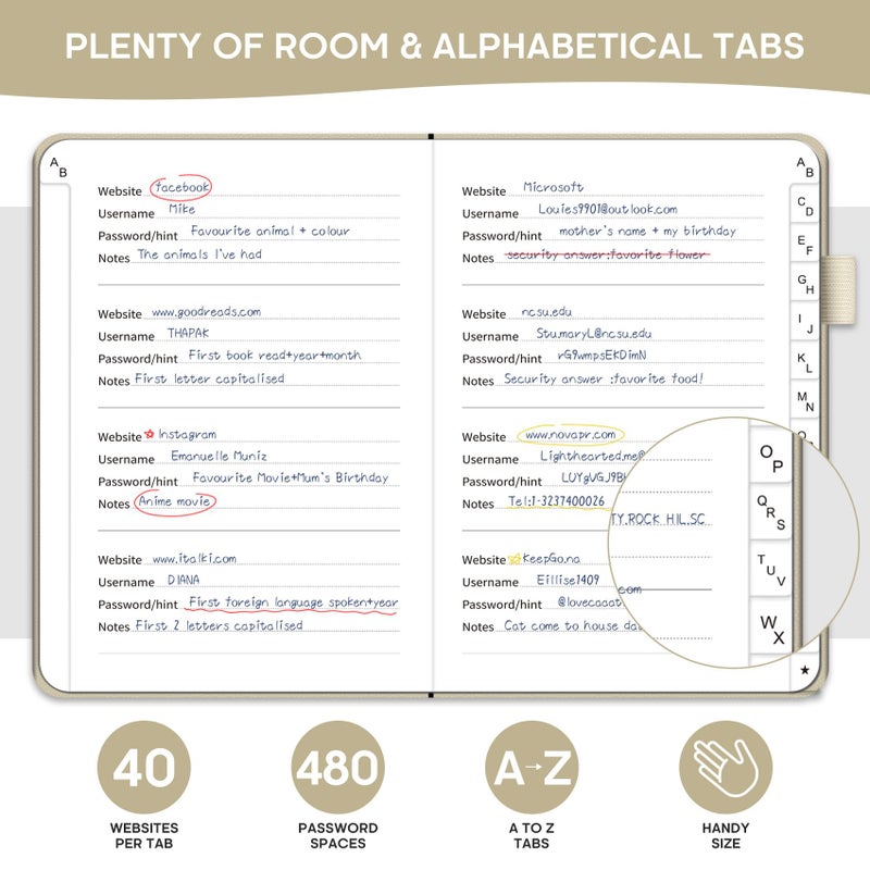 Taja Password Keeper Book with Alphabetical Tabs, Small Password Books for Seniors, Password Notebook for Internet Website Address Log in Detail, Password Logbook to Help You Stay Organized - Beige - Image 3