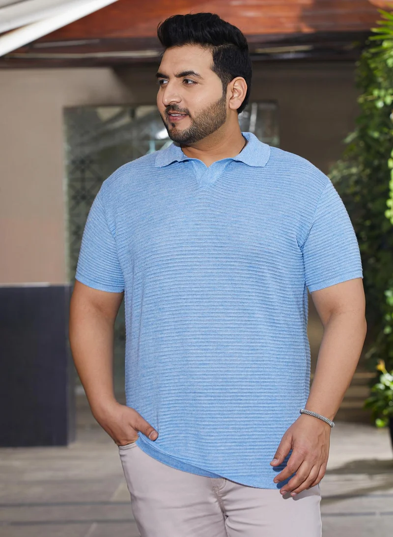 Instafab Plus Instafab Plus Men's Blue Horizontal-Textured Polo T-Shirt For Casual Wear | Polo Neck | Short Cuffed Sleeves | Pull On Closure | Plus Size T-shirt Crafted With Comfort Fit For Everyday Wear