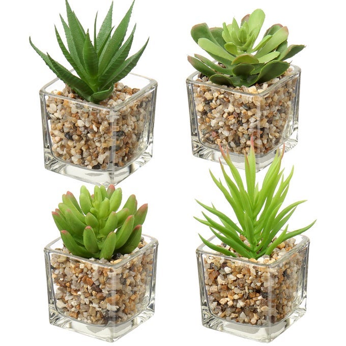 ARTIFICIAL SUCCULENTS FAKE SUCCULENT PLANTS SET OF 4 SMALL FAKE PLANTS IN SQUARE GLASS POTS ARTIFICIAL INDOOR PLANTS FOR BATHROOM BEDROOM KITCHEN HOME DECOR