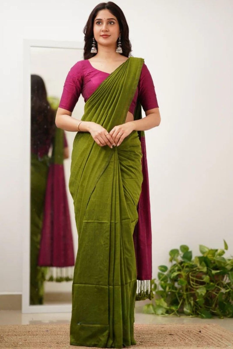 SGF11 Women's Pure Cotton Soft Silk Saree With Unstitched Blouse Piece (Green Pink) - Image 2