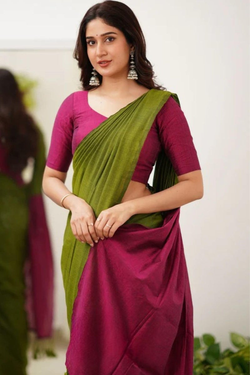 SGF11 Women's Pure Cotton Soft Silk Saree With Unstitched Blouse Piece (Green Pink) - Image 5
