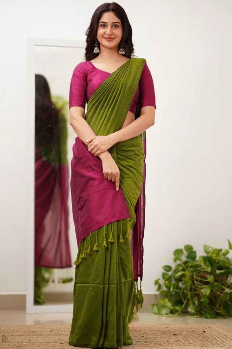SGF11 Women's Pure Cotton Soft Silk Saree With Unstitched Blouse Piece (Green Pink) - Image 4