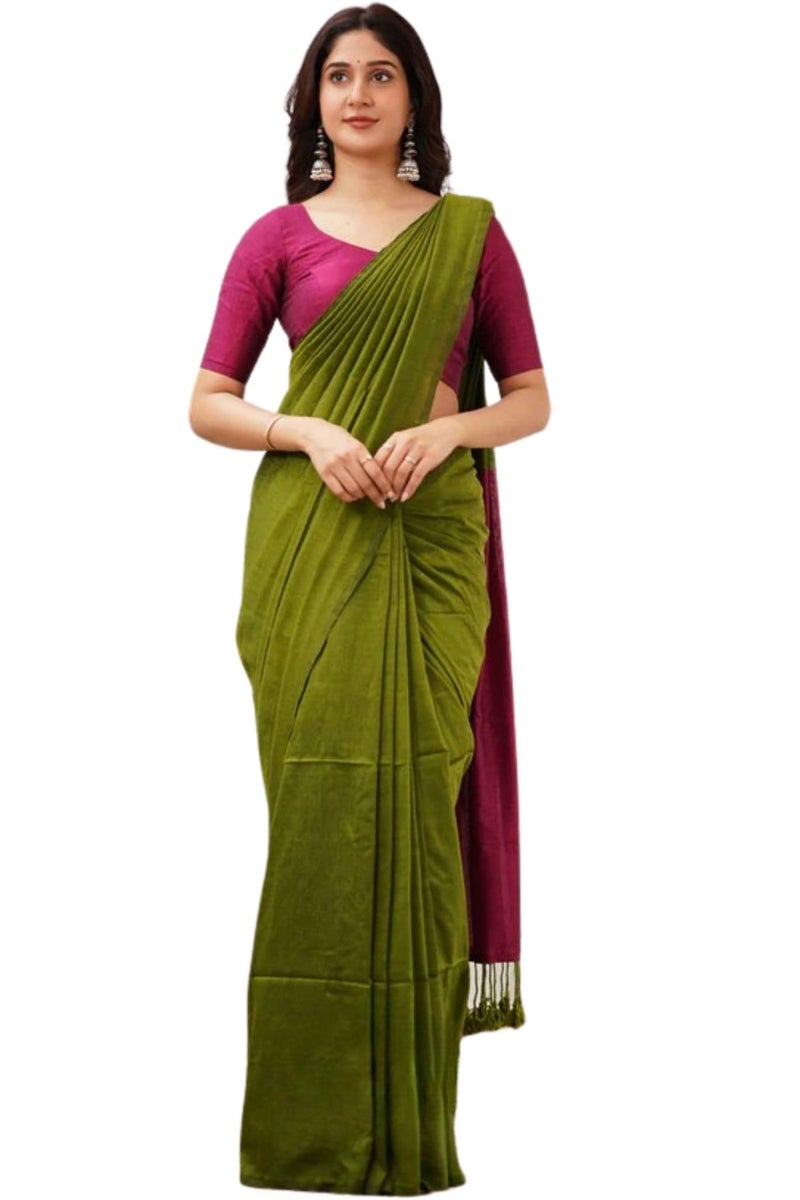 SGF11 Women's Pure Cotton Soft Silk Saree With Unstitched Blouse Piece (Green Pink) - Image 1