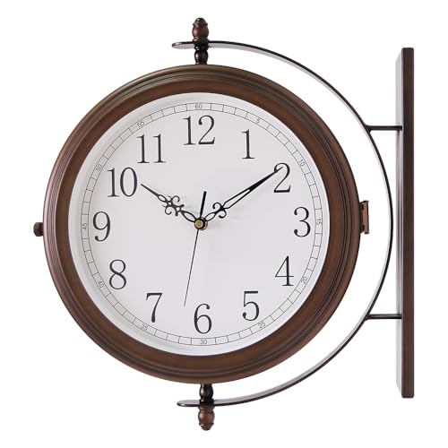 BESTIME 66264A 16Inch Double Sided Metal Wall Clock with Antique Red CopperSturdy FrameEasy ReadGardenHome DcorIndoorOutdoorFarmhouseYardStationOfficePhotography Props