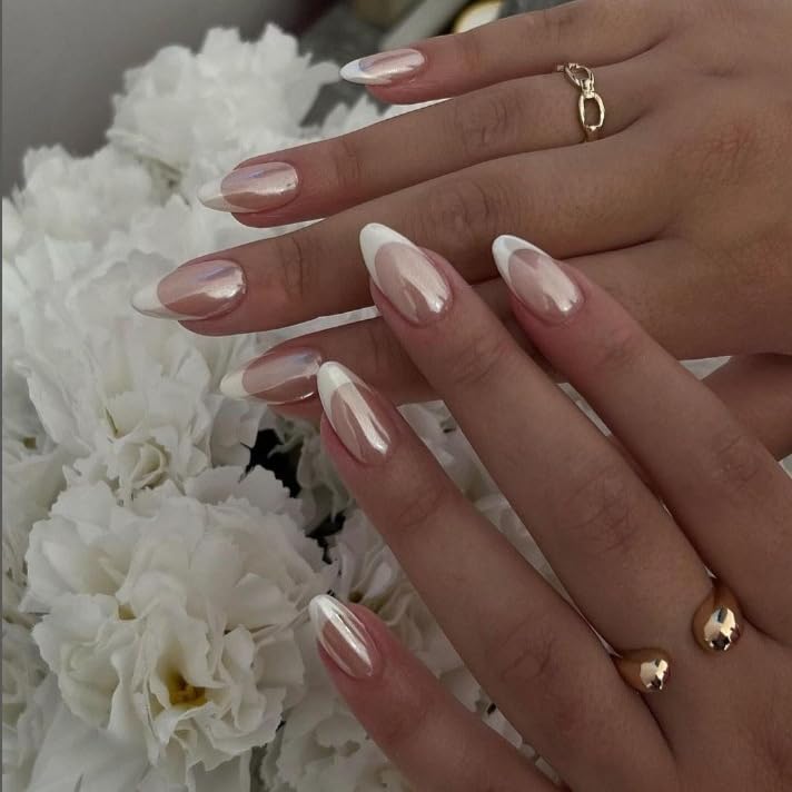 LY LANYOS 24PCS Press On Nails Mirror Metal Stiletto Fake Nails Almond Medium Shape Stick on Nails Glue on Nails Aurora White Tip - Image 1
