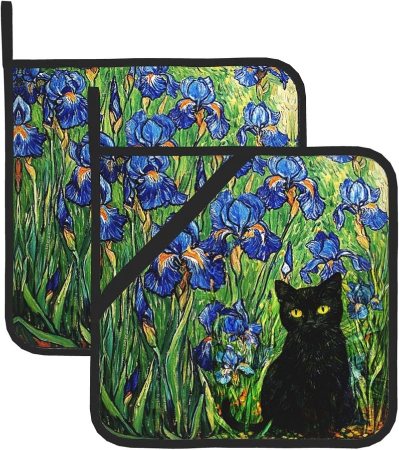 GTEVUTS 2 Pack Irises Garden Cats Pot Holders,Heat Resistant Countertop Hot Pads with Hanging Loops,Cute Cats Potholder Set for Kitchen Baking Chef Barbeque,Square,8X8 inch - Image 1