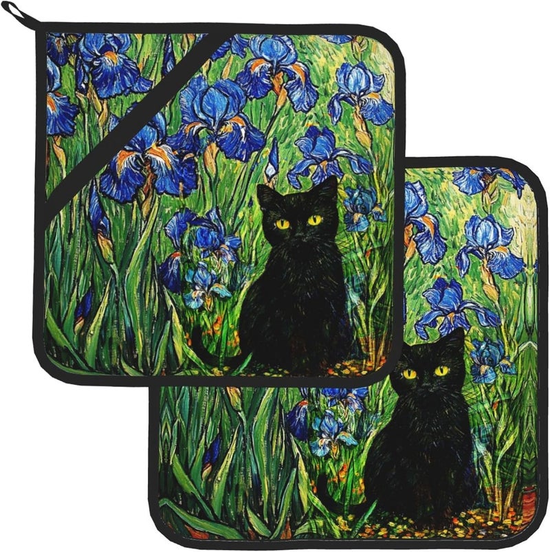 GTEVUTS 2 Pack Irises Garden Cats Pot Holders,Heat Resistant Countertop Hot Pads with Hanging Loops,Cute Cats Potholder Set for Kitchen Baking Chef Barbeque,Square,8X8 inch - Image 2