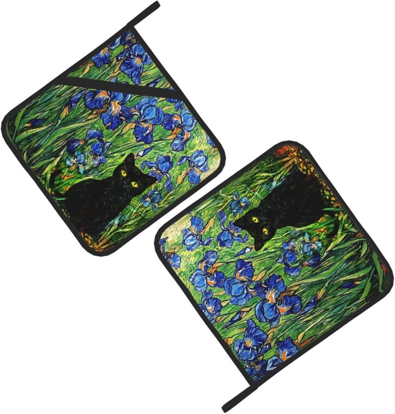 GTEVUTS 2 Pack Irises Garden Cats Pot Holders,Heat Resistant Countertop Hot Pads with Hanging Loops,Cute Cats Potholder Set for Kitchen Baking Chef Barbeque,Square,8X8 inch - Image 3