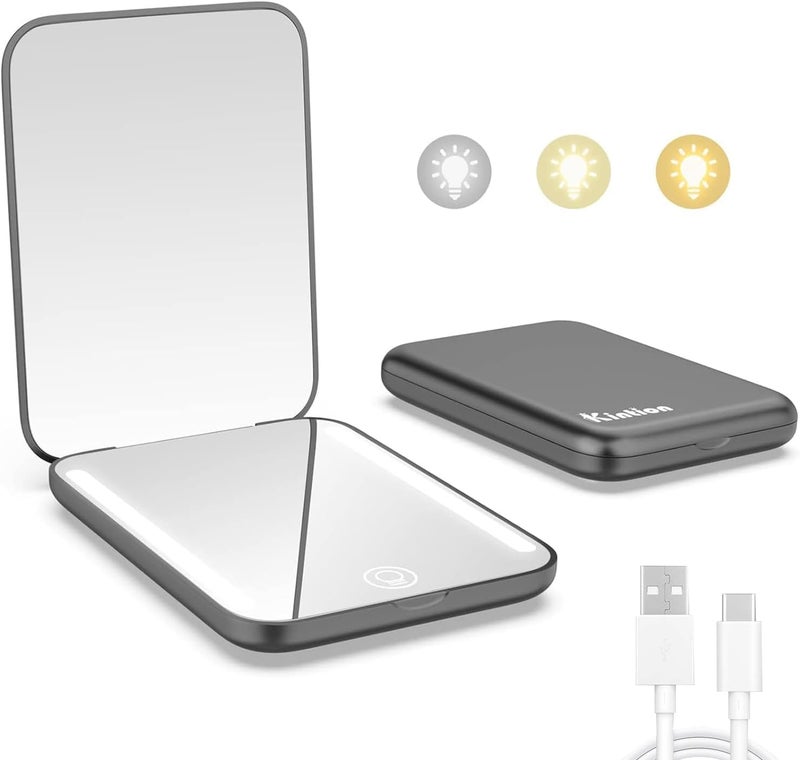 Kintion Rechargeable Pocket Mirror, 1/3X Magnification Compact Travel Makeup Mirror, 3 Color Temperatures, Dimmable, 400mAh Portable Compact Mirror, Small Bag Mirror - Image 1