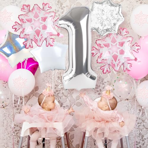 Kriyokiaa Winter Onederland 1st Birthday Party Decorations 40 Pink One Balloon for First Birthday Decorations Wonderland Snowflake Foil Helium Balloons 1st Girl Party Supplies Pink - Image 5
