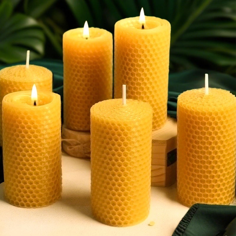 MOSROAD 6 Packs Natural Beeswax Candles Hand Rolled Honeycomb Beeswax Pillar Candles Pure Bee Wax Gifts for Candle LoversHome Decor Air Purify 2x4 in - Image 2