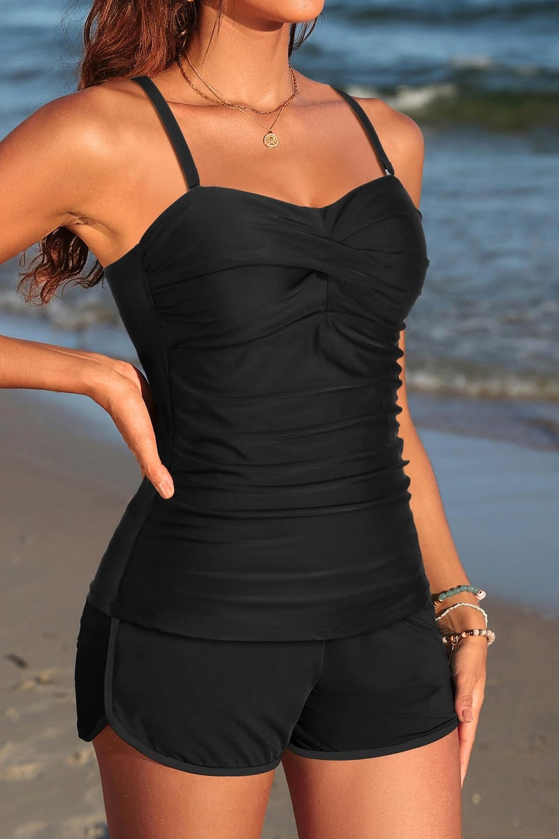 Talisea Women's Tankini Swimsuits with Shorts - Two Piece Tummy Control Bathing Suit Twist Bandeau Swimwear with Pockets 2025 Black - Image 3