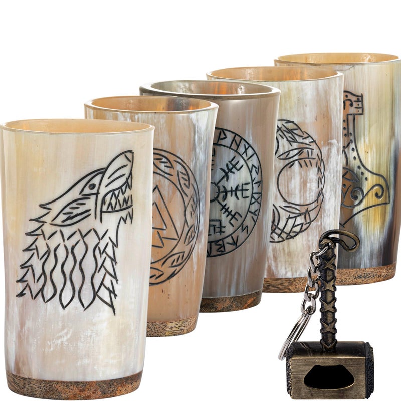 FENRIR Viking Drinking Horn Mug Set of 5  Easter Special Viking Gifts for Men  Women  Bottle Opener  Natural Ox Horn Viking Cups  Norse Shot Glasses Set To Drink Ale Beer Mead  10 OzGlass