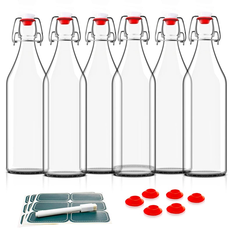 Otis Classic Swing Top Glass Bottles Set of 6 16oz wMarker Labels Clear Bottle with Caps for Juice Water Kombucha Wine Beer Brewing Kefir Milk or Eggnog