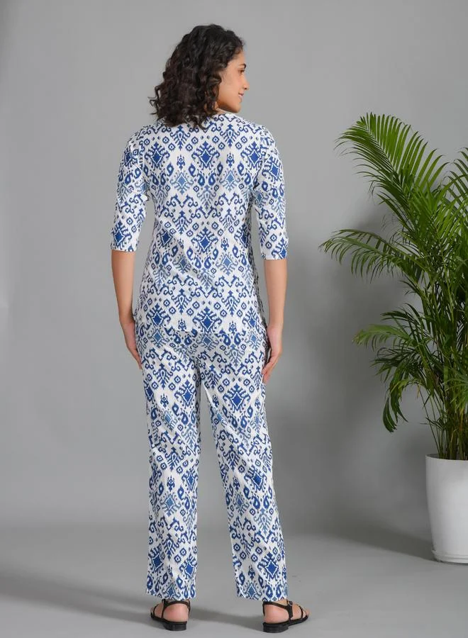 sanskrutihomes Blue Printed Round Neck Viscose Rayon Shirt and Pyjama Set