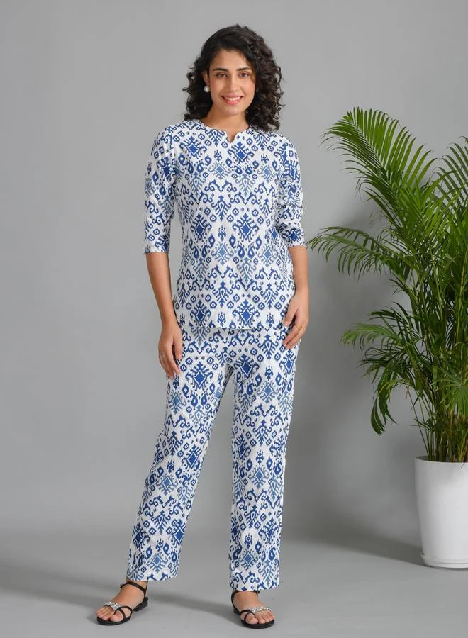 sanskrutihomes Blue Printed Round Neck Viscose Rayon Shirt and Pyjama Set