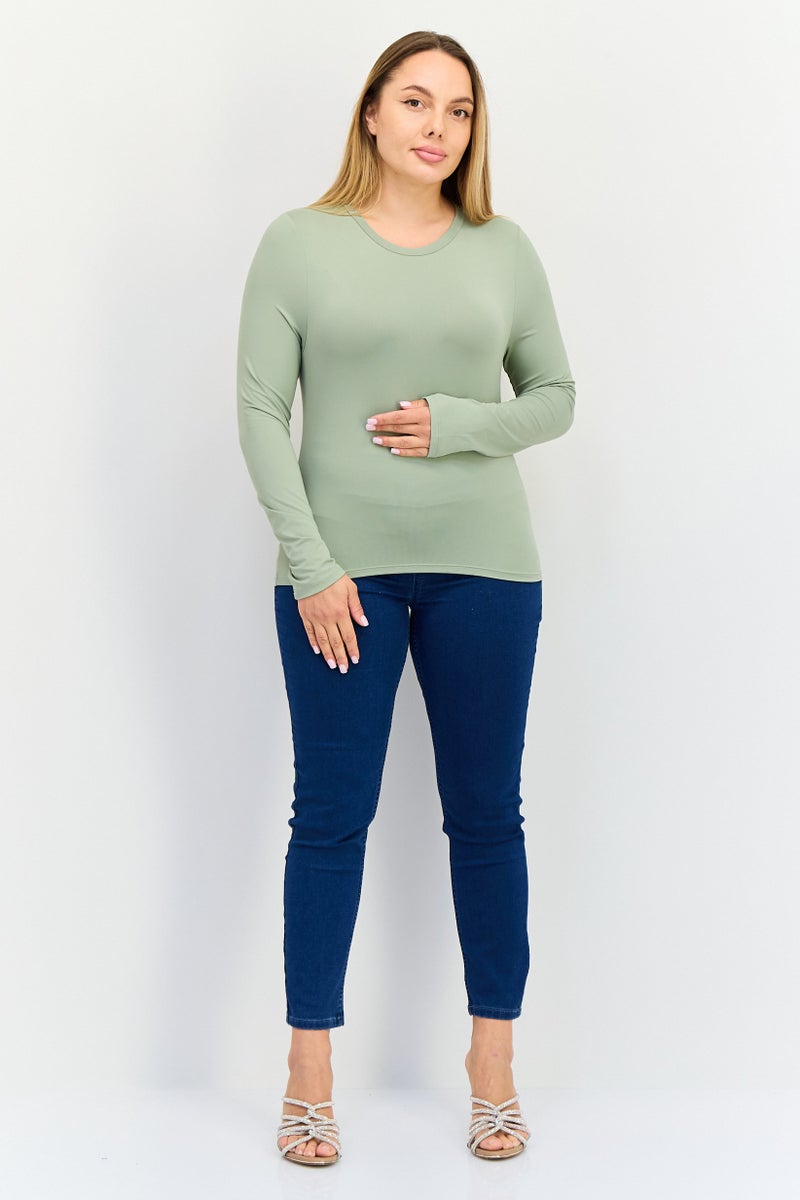 Kathy Ireland Women Crew Neck Long Sleeve Plain Top, Sage Green  - Image 3