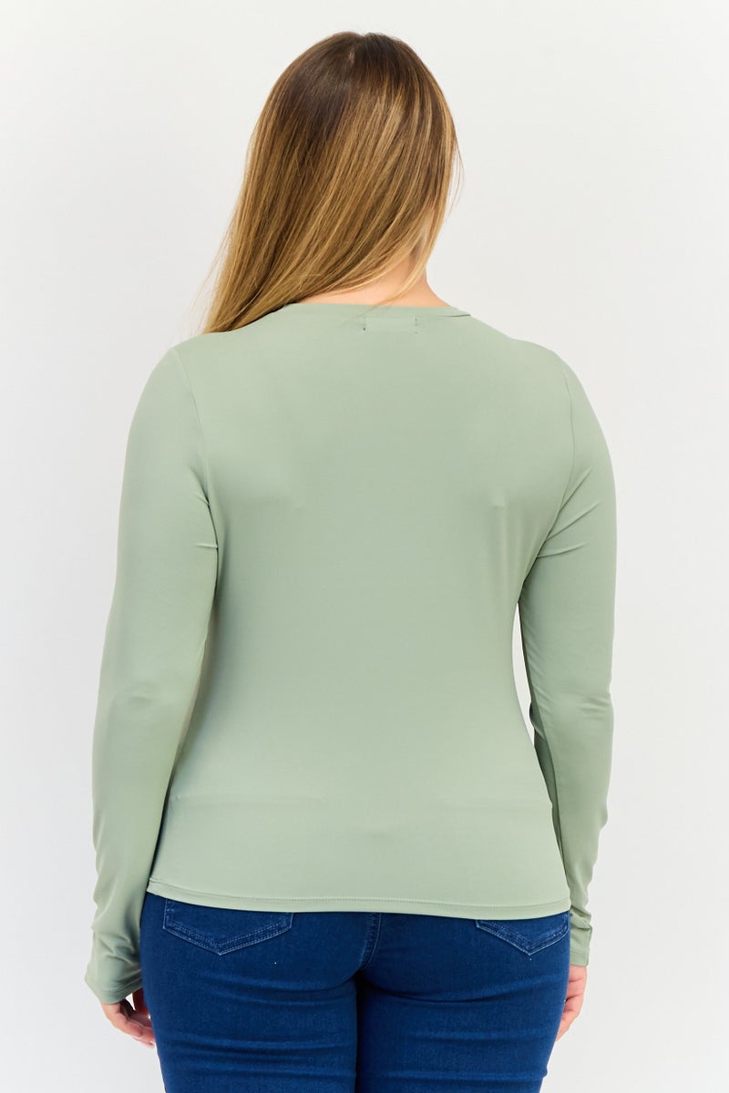 Kathy Ireland Women Crew Neck Long Sleeve Plain Top, Sage Green  - Image 2
