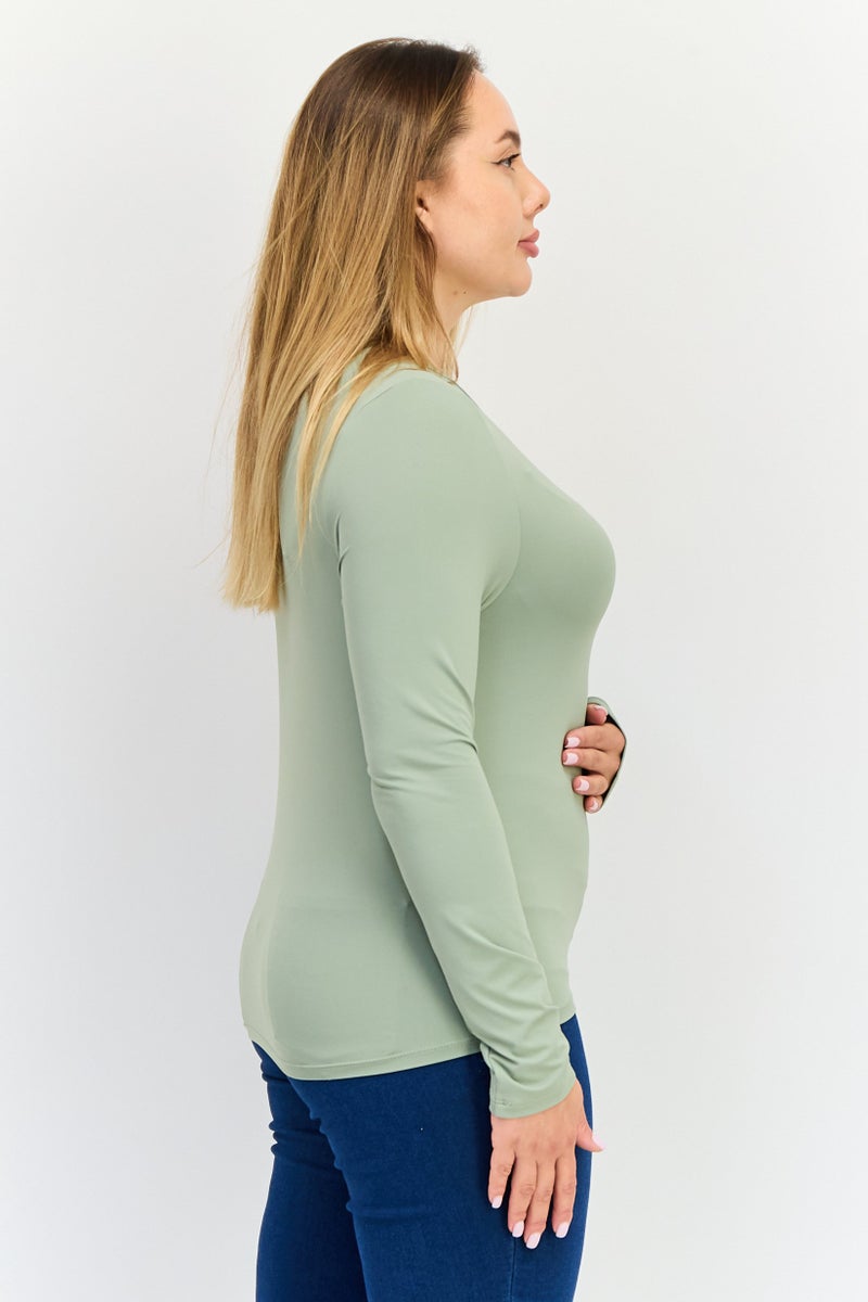 Kathy Ireland Women Crew Neck Long Sleeve Plain Top, Sage Green  - Image 4