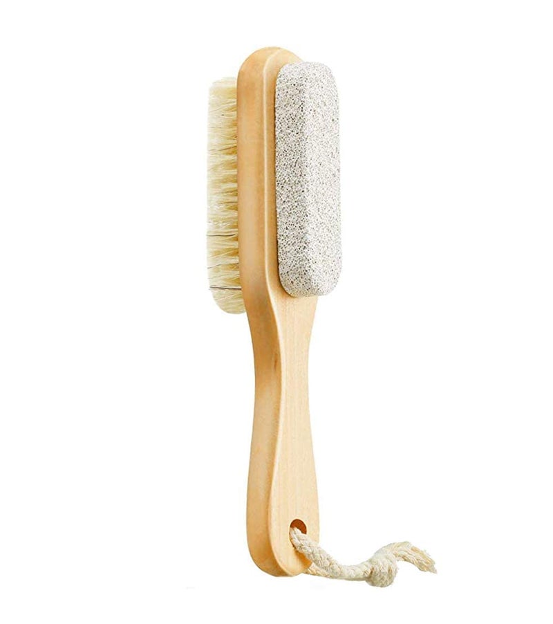 Style Homez PURE, Exfoliating Dry Brush Loofah and Pumice Stone Foot Scrubber with Mini Bamboo Handle 18 cm, Bath Essentials with Natural Bristles in Natural Wood Color - Image 1