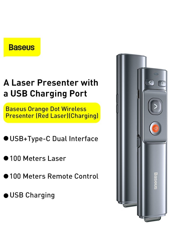Wireless Presenter with Red Laser Pointer | Rechargeable via USB-C and USB-A Ports | 2.4GHz Wireless Control and Range up to 100m | Clicker for Presentations like PowerPoint, Keynote, and Google Slides | Compatible with Windows, Mac OS, Linux, and Android | Long-Distance Presenting Tool for Professionals (Grey)