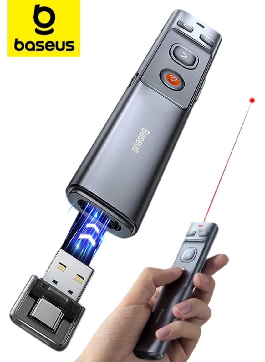 Wireless Presenter with Red Laser Pointer | Rechargeable via USB-C and USB-A Ports | 2.4GHz Wireless Control and Range up to 100m | Clicker for Presentations like PowerPoint, Keynote, and Google Slides | Compatible with Windows, Mac OS, Linux, and Android | Long-Distance Presenting Tool for Professionals (Grey)