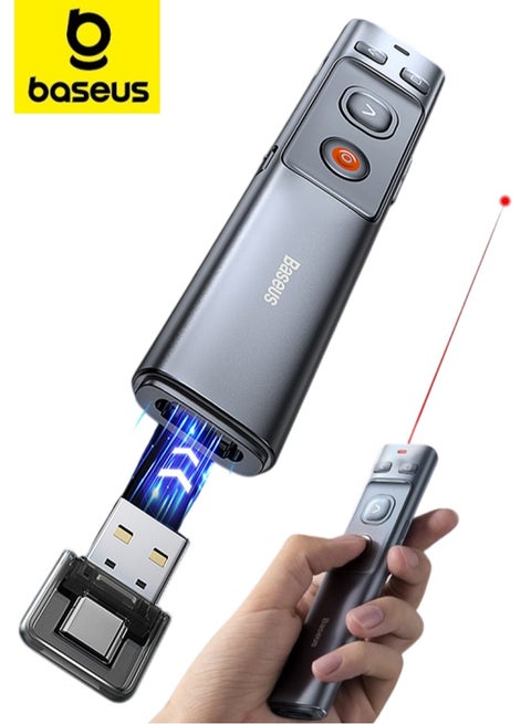 Wireless Presenter with Red Laser Pointer | Rechargeable via USB-C and USB-A Ports | 2.4GHz Wireless Control and Range up to 100m | Clicker for Presentations like PowerPoint, Keynote, and Google Slides | Compatible with Windows, Mac OS, Linux, and Android | Long-Distance Presenting Tool for Professionals (Grey)