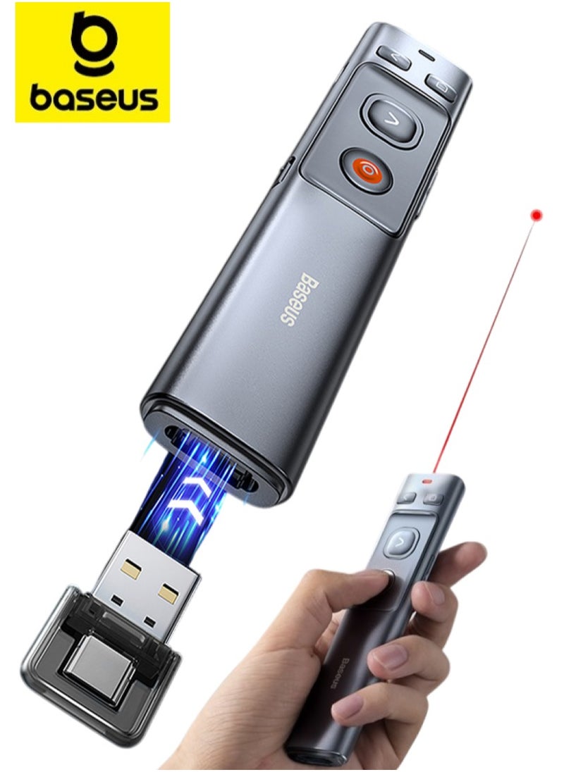 Baseus Wireless Presenter with Red Laser Pointer | Rechargeable via USB-C and USB-A Ports | 2.4GHz Wireless Control and Range up to 100m | Clicker for Presentations like PowerPoint, Keynote, and Google Slides | Compatible with Windows, Mac OS, Linux, and Android | Long-Distance Presenting Tool for Professionals (Grey)  - Image 1