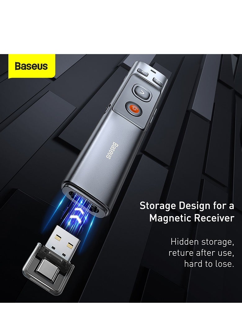 Baseus Wireless Presenter with Red Laser Pointer | Rechargeable via USB-C and USB-A Ports | 2.4GHz Wireless Control and Range up to 100m | Clicker for Presentations like PowerPoint, Keynote, and Google Slides | Compatible with Windows, Mac OS, Linux, and Android | Long-Distance Presenting Tool for Professionals (Grey)  - Image 3
