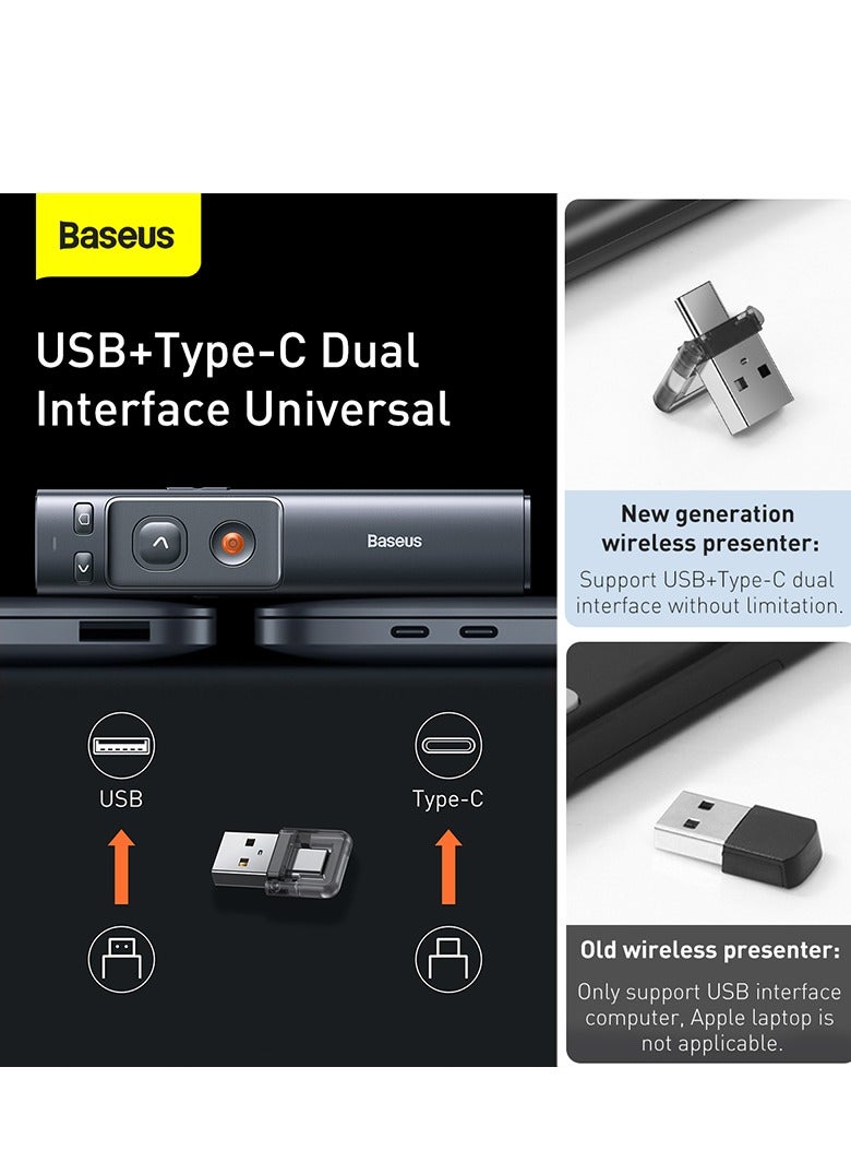 Wireless Presenter with Red Laser Pointer | Rechargeable via USB-C and USB-A Ports | 2.4GHz Wireless Control and Range up to 100m | Clicker for Presentations like PowerPoint, Keynote, and Google Slides | Compatible with Windows, Mac OS, Linux, and Android | Long-Distance Presenting Tool for Professionals (Grey)