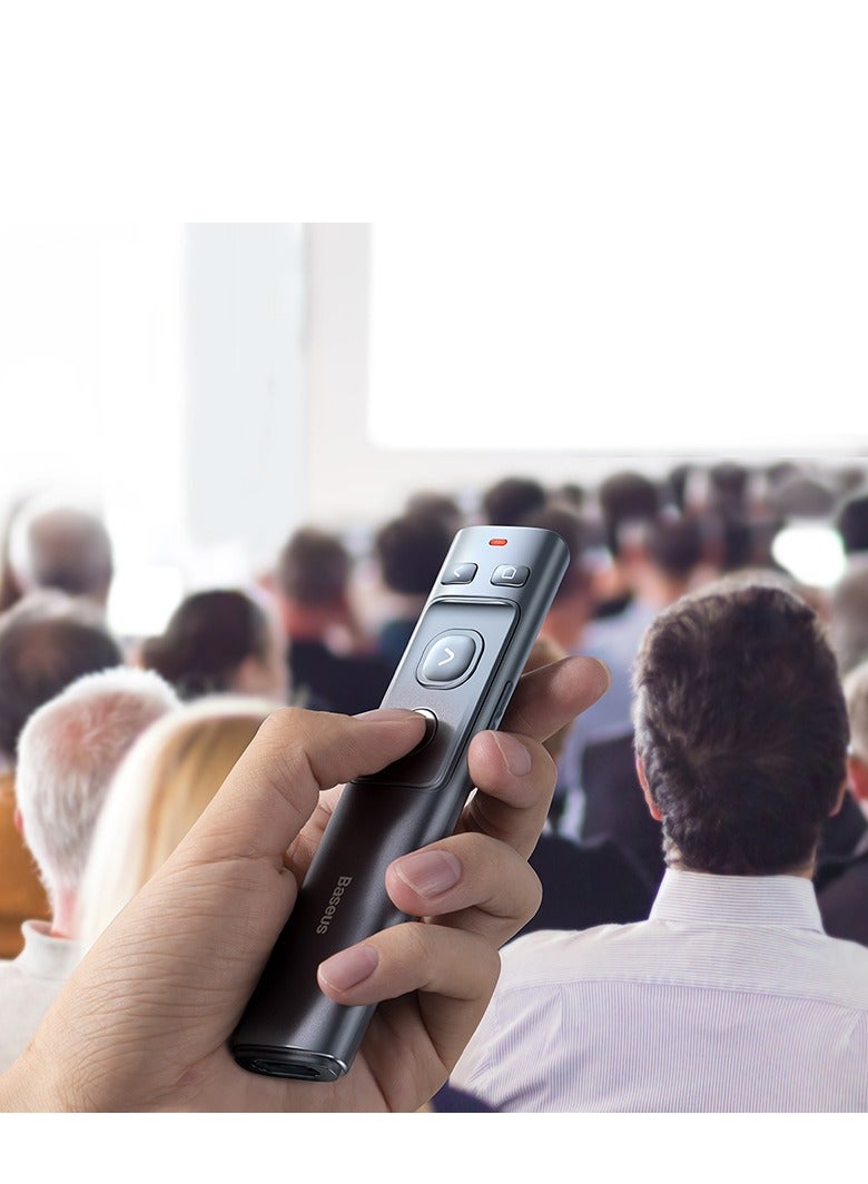 Wireless Presenter with Red Laser Pointer | Rechargeable via USB-C and USB-A Ports | 2.4GHz Wireless Control and Range up to 100m | Clicker for Presentations like PowerPoint, Keynote, and Google Slides | Compatible with Windows, Mac OS, Linux, and Android | Long-Distance Presenting Tool for Professionals (Grey)