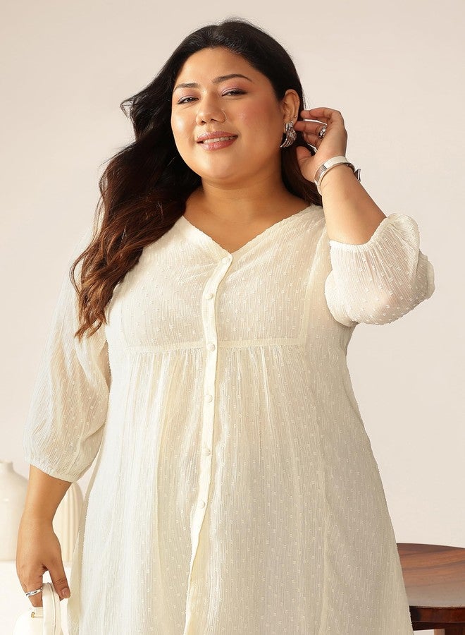 Janasya Women's Plus Size Off White Dobby Chiffon Self Design A-line Tunic (XLA25TU01695-6XL) - Image 2