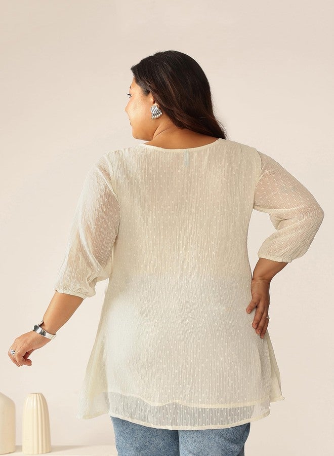 Janasya Women's Plus Size Off White Dobby Chiffon Self Design A-line Tunic (XLA25TU01695-6XL) - Image 4
