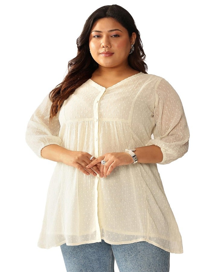Janasya Women's Plus Size Off White Dobby Chiffon Self Design A-line Tunic (XLA25TU01695-6XL) - Image 1