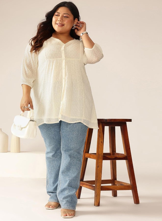 Janasya Women's Plus Size Off White Dobby Chiffon Self Design A-line Tunic (XLA25TU01695-6XL) - Image 3