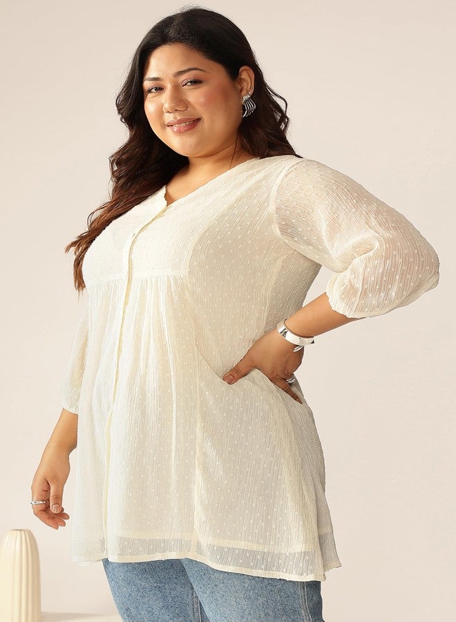 Janasya Women's Plus Size Off White Dobby Chiffon Self Design A-line Tunic (XLA25TU01695-6XL) - Image 5