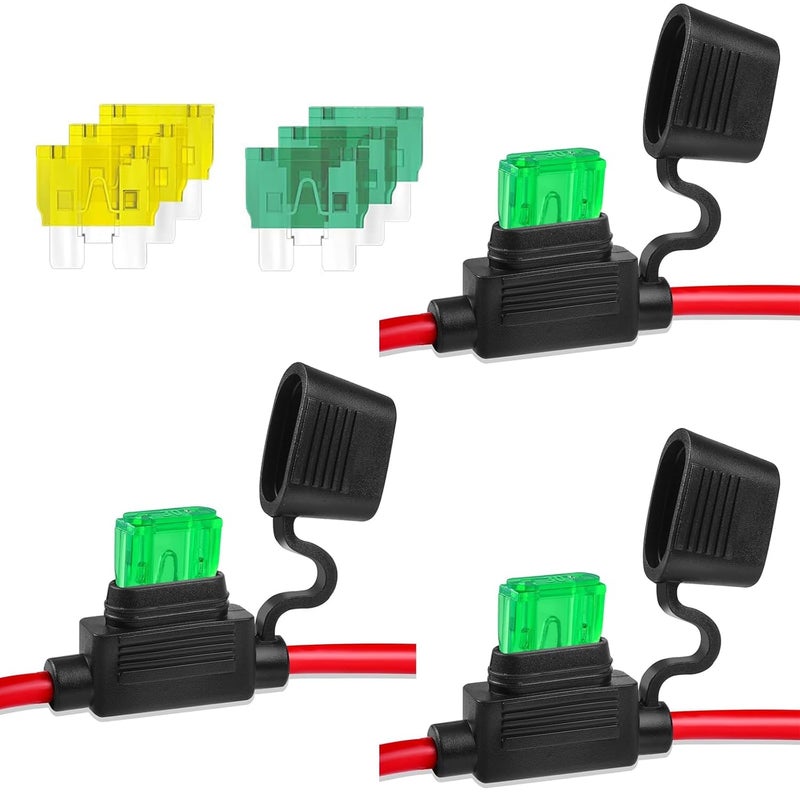 Voleleo 3 حزم من حامل الصمامات المضمن مقاس 14AWG مع 6 قطع من الصمامات القياسية ذات الشفرة ATC/ATO، سلك بحري من النحاس المطلي بالقصدير، حامل صمامات سيارة ذو شفرة للسيارات والشاحنات ومركبات ATV والقوارب والدراجات النارية (3 من كل: 20 أمبير، 30 أمبير) - Image 1
