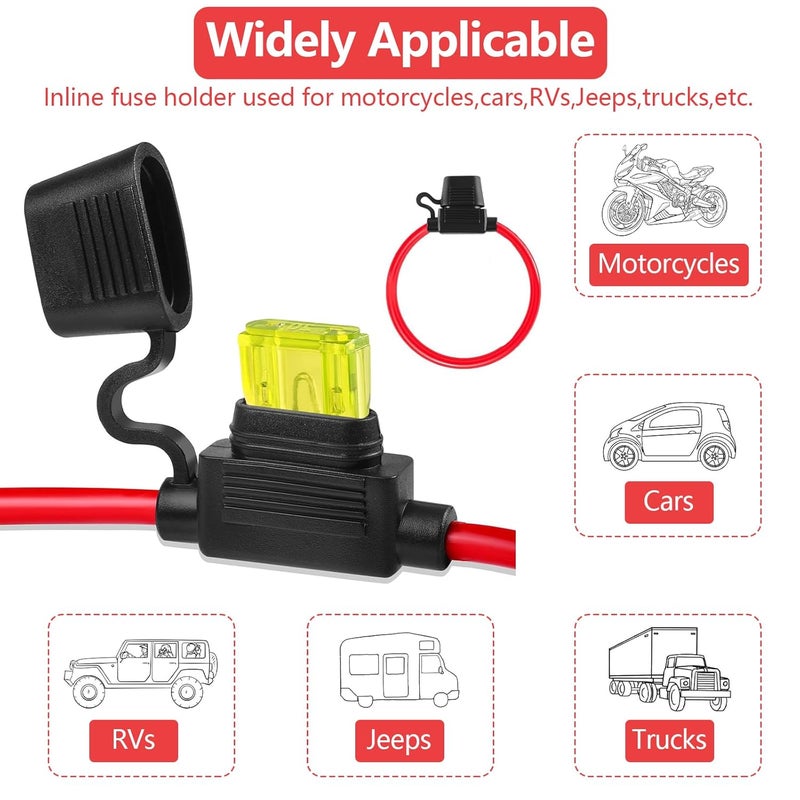 Voleleo 3 حزم من حامل الصمامات المضمن مقاس 14AWG مع 6 قطع من الصمامات القياسية ذات الشفرة ATC/ATO، سلك بحري من النحاس المطلي بالقصدير، حامل صمامات سيارة ذو شفرة للسيارات والشاحنات ومركبات ATV والقوارب والدراجات النارية (3 من كل: 20 أمبير، 30 أمبير) - Image 5