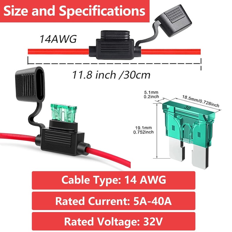 Voleleo 3 حزم من حامل الصمامات المضمن مقاس 14AWG مع 6 قطع من الصمامات القياسية ذات الشفرة ATC/ATO، سلك بحري من النحاس المطلي بالقصدير، حامل صمامات سيارة ذو شفرة للسيارات والشاحنات ومركبات ATV والقوارب والدراجات النارية (3 من كل: 20 أمبير، 30 أمبير) - Image 4