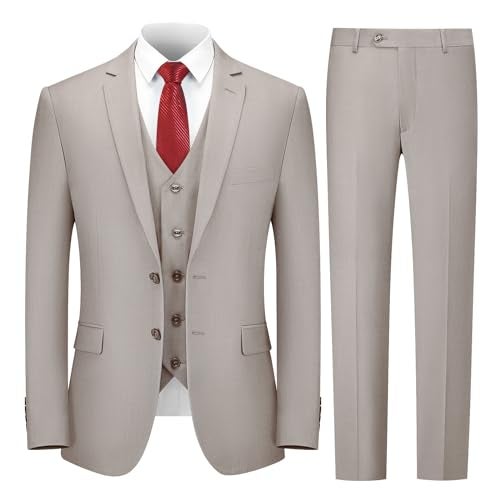 Cooper & Nelson 3 Piece Mens Suit Set, 2 Button Slim Fit Suit for Men, Solid Jacket, Vest, Pants and Tie Beige M - Image 1