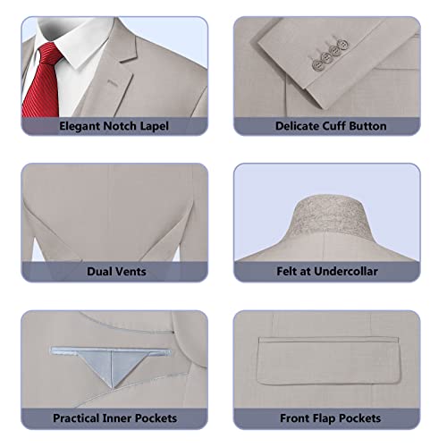 Cooper & Nelson 3 Piece Mens Suit Set, 2 Button Slim Fit Suit for Men, Solid Jacket, Vest, Pants and Tie Beige M - Image 5