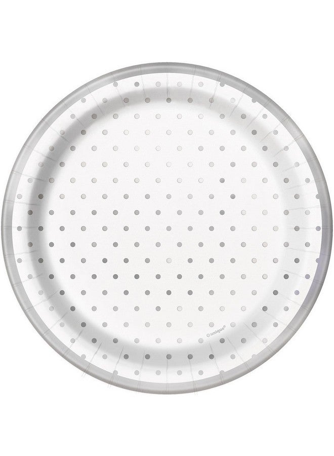 Unique Foil Dots Round Dessert Paper Plates 7" Silver 8 Pcs - Image 1