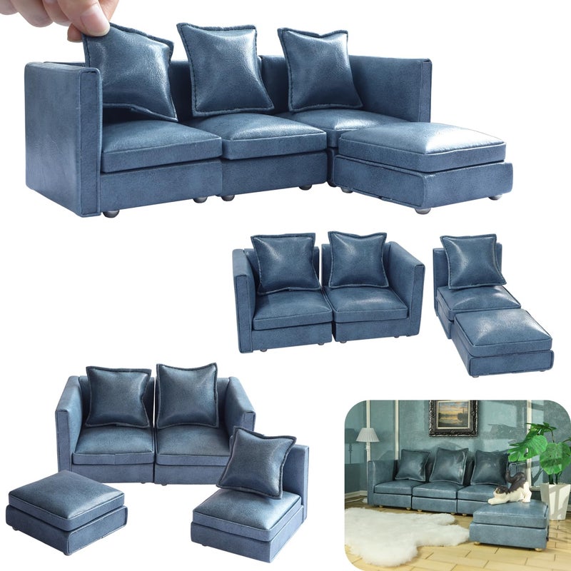 iLAND Dollhouse Furniture Miniature Sectional Couch Set for Doll House Dcor Fit 112 Scale Accessories Modern Blue Faux Leather Sofa Timeless Classic - Image 3