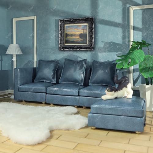 iLAND Dollhouse Furniture Miniature Sectional Couch Set for Doll House Dcor Fit 112 Scale Accessories Modern Blue Faux Leather Sofa Timeless Classic - Image 5