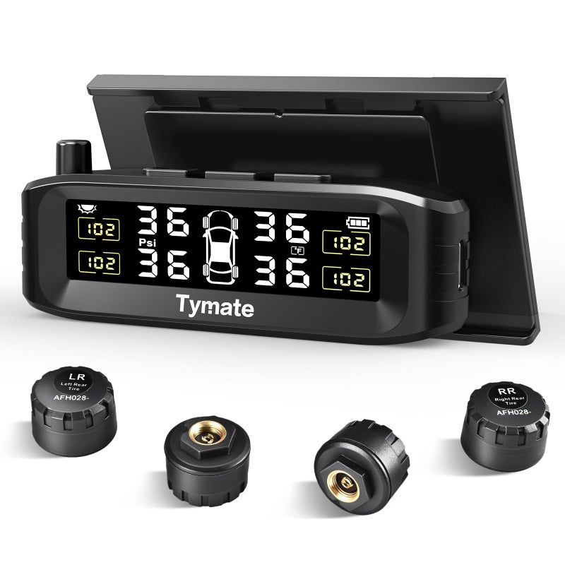 Tymate TM8 Tire Pressure Monitoring System Wireless Solar TPMS with 4 External Sensors  6 Alarm Modes Colorful Display Easy to Intall on Windshield Ideal for RV Sedan SUV MPV Truck 087 PSI