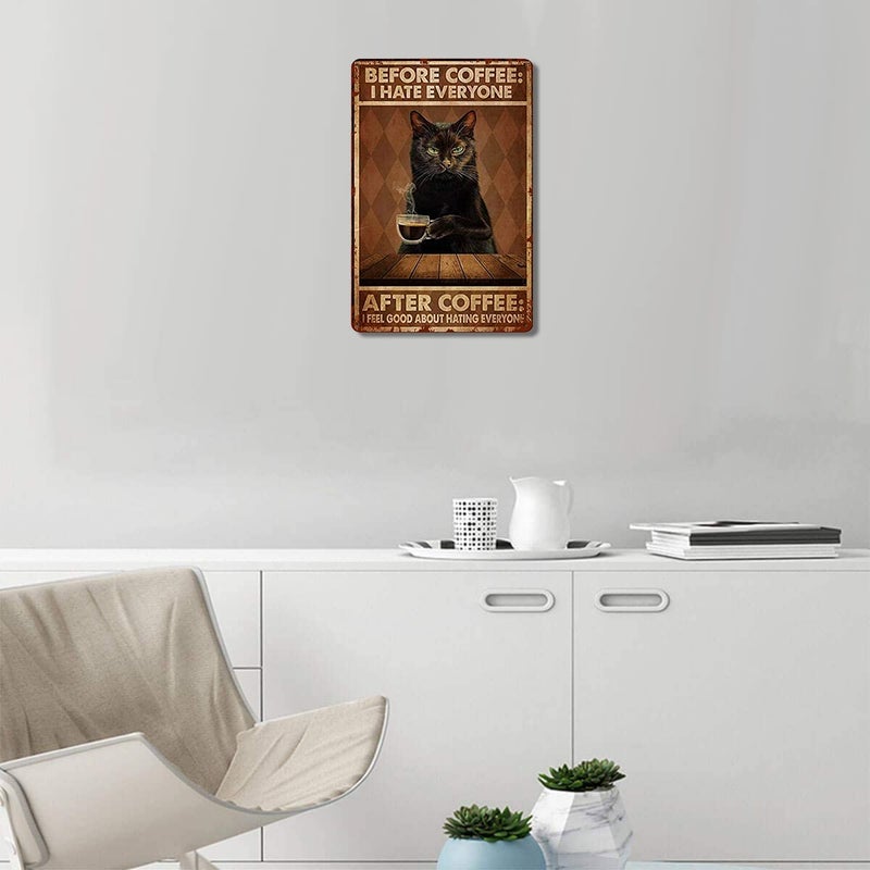 Fmcmly Funny Cat Coffee Metal Tin Sign Vintage Kitchen Signs Wall Decor Home Bar Cafe Decorations Art Poster 8x12 Inch Before Coffee I Hate Everyone Signs - Image 3