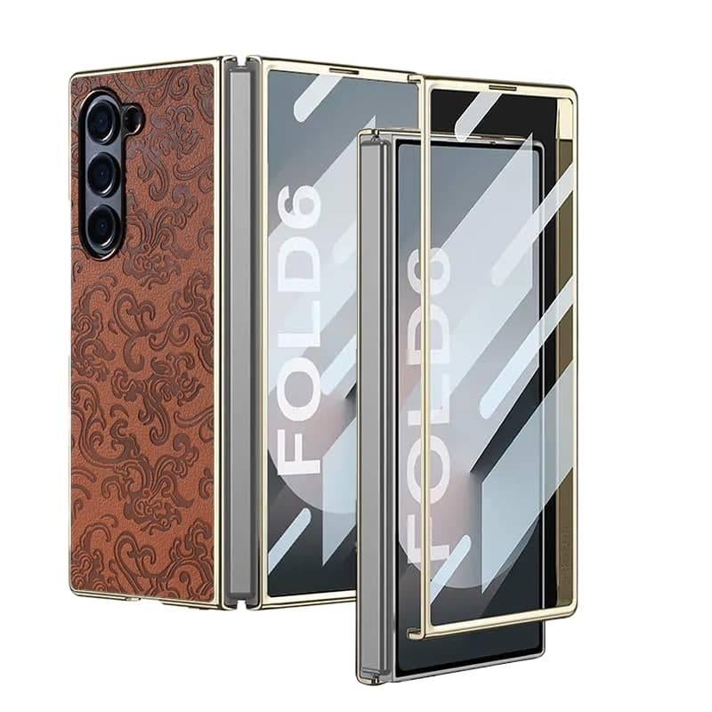 Drop Protection Leather Texture for Samsung Galaxy Z Fold 4 with Electroplated Fold and Full Coverage in Brown finish - Image 1