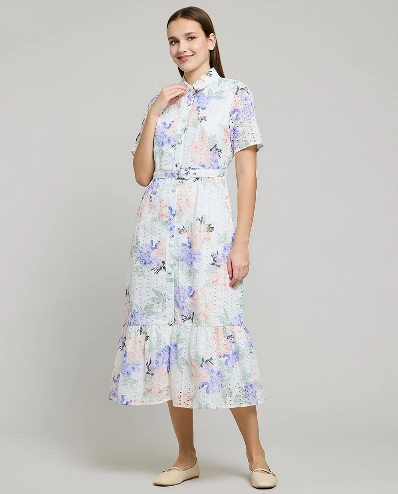 أر أند بي Floral Print Shirt Dress with Long Sleeves